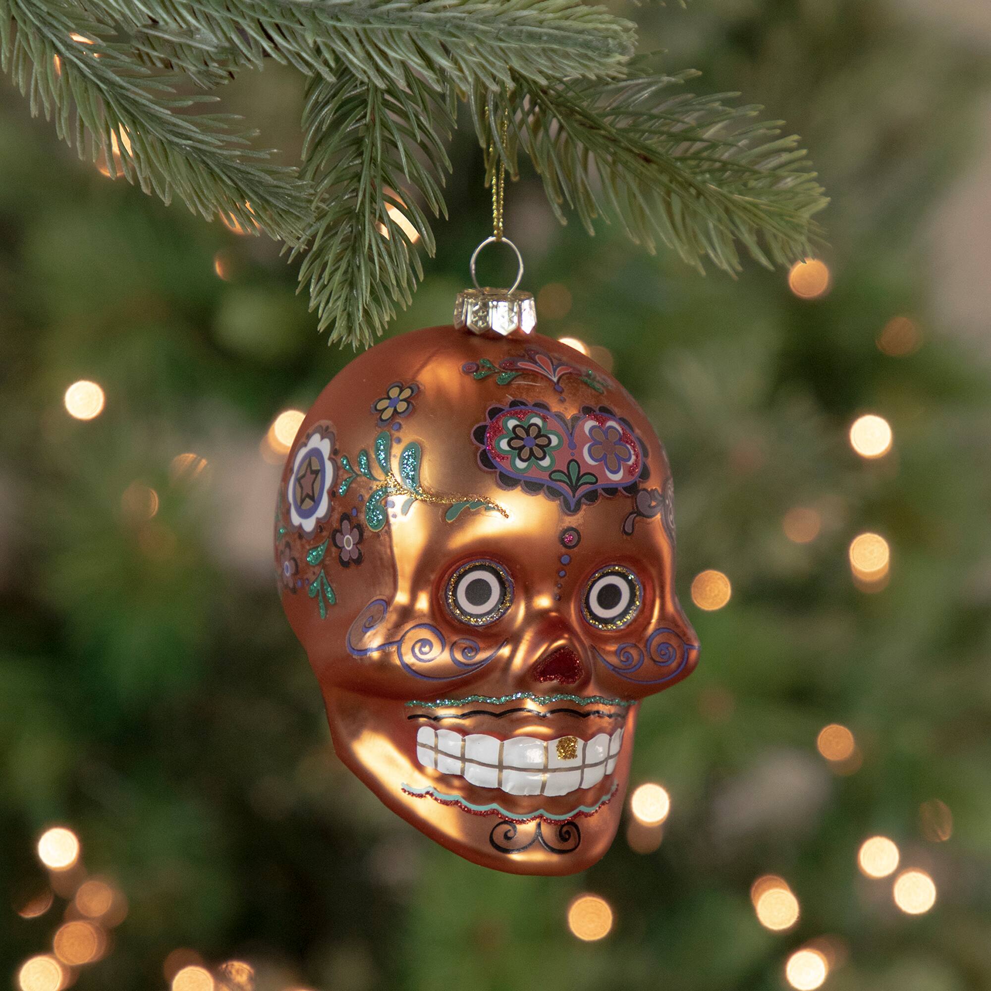 Orange Day of the Dead Glass Skull Halloween Ornament